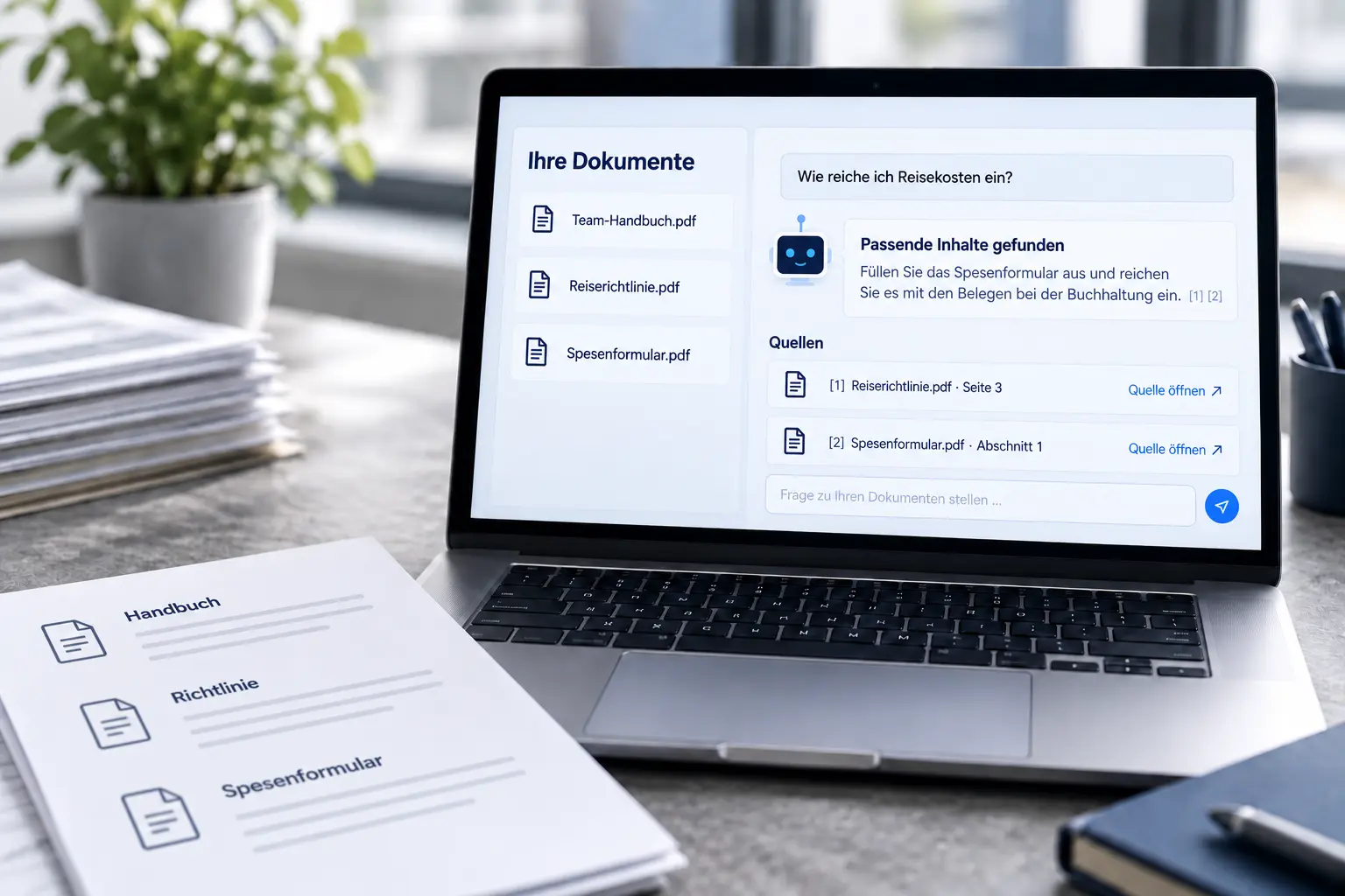 Interner Wissensassistent, der passende Inhalte aus Dokumenten mit Quellenangaben findet