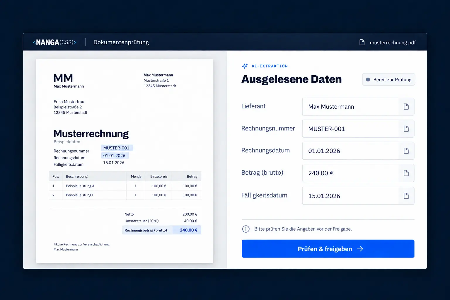 Dokumentenprüfung: Eine Musterrechnung mit den von der KI ausgelesenen Daten zur Prüfung und Freigabe