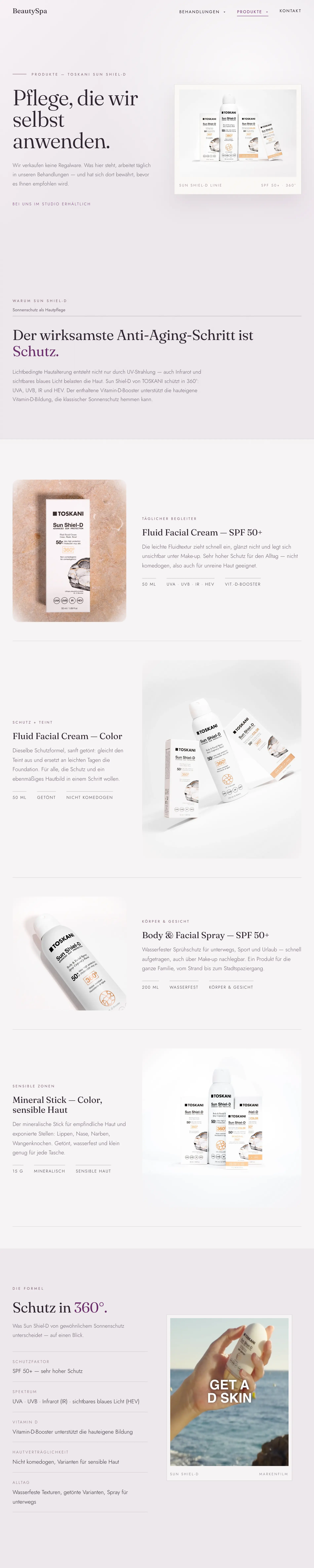 Corinnas BeautySpa product page with the Toskani Sun Shiel-D line and the Fluid Facial Cream SPF 50+